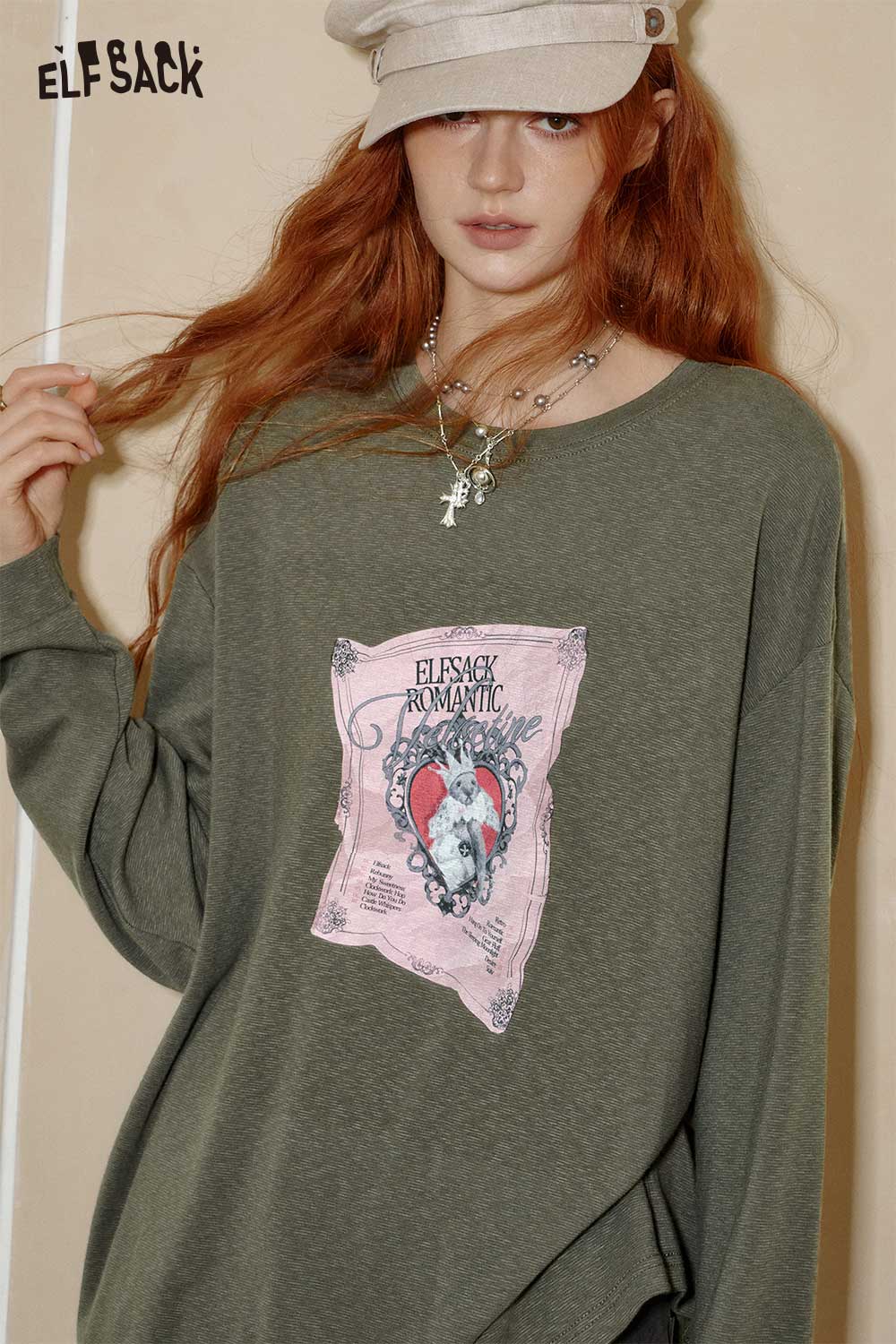 ELFSACK women's graphic print t-shirt in green with romantic design for a stylish look