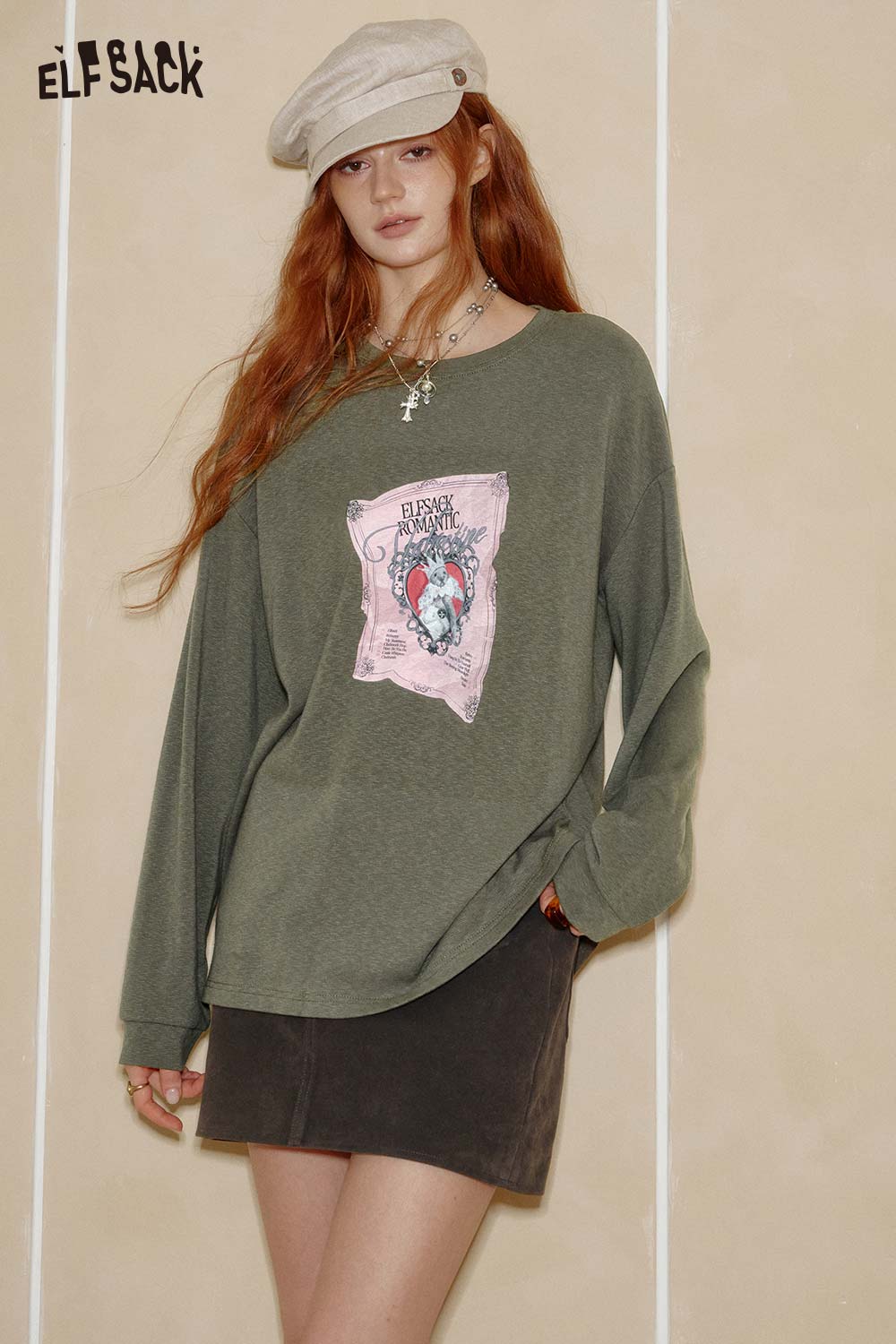 ELFSACK women's graphic print t-shirt in olive green with unique design, perfect for casual styling