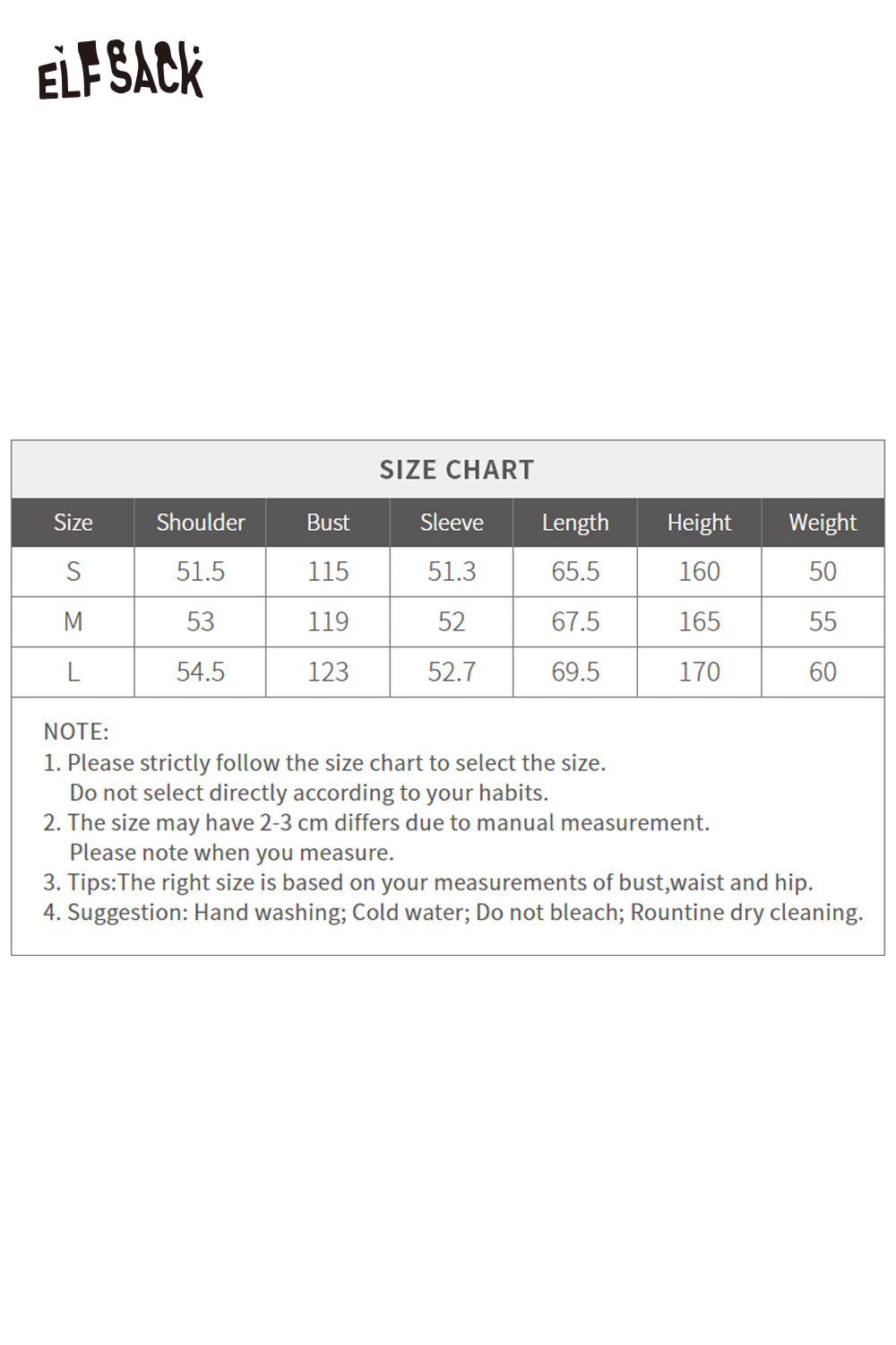 ELFSACK women's graphic print t-shirt size chart with measurements for S, M, and L sizes