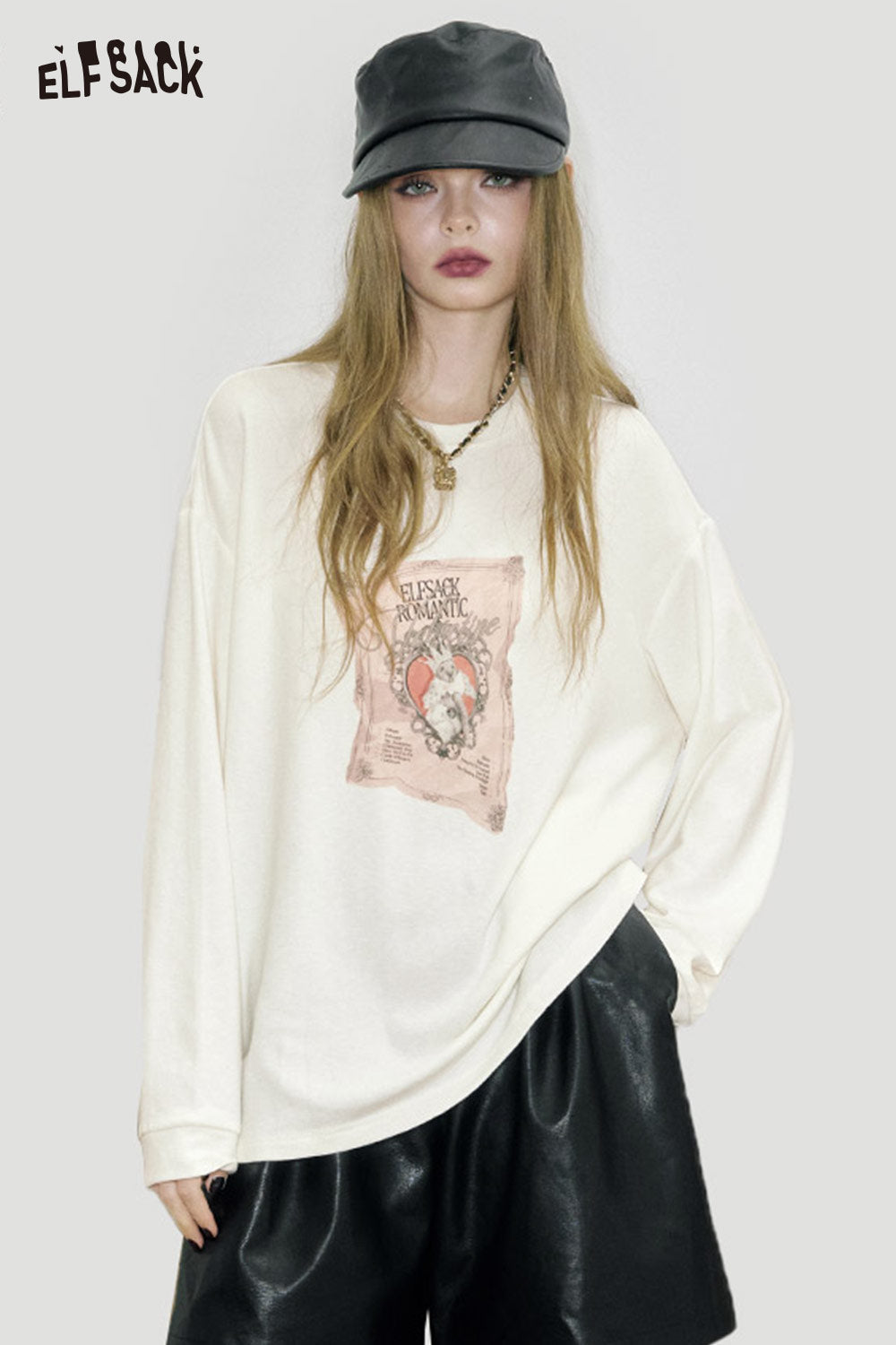 ELFSACK women's graphic print t-shirt in cream with unique print and relaxed fit style