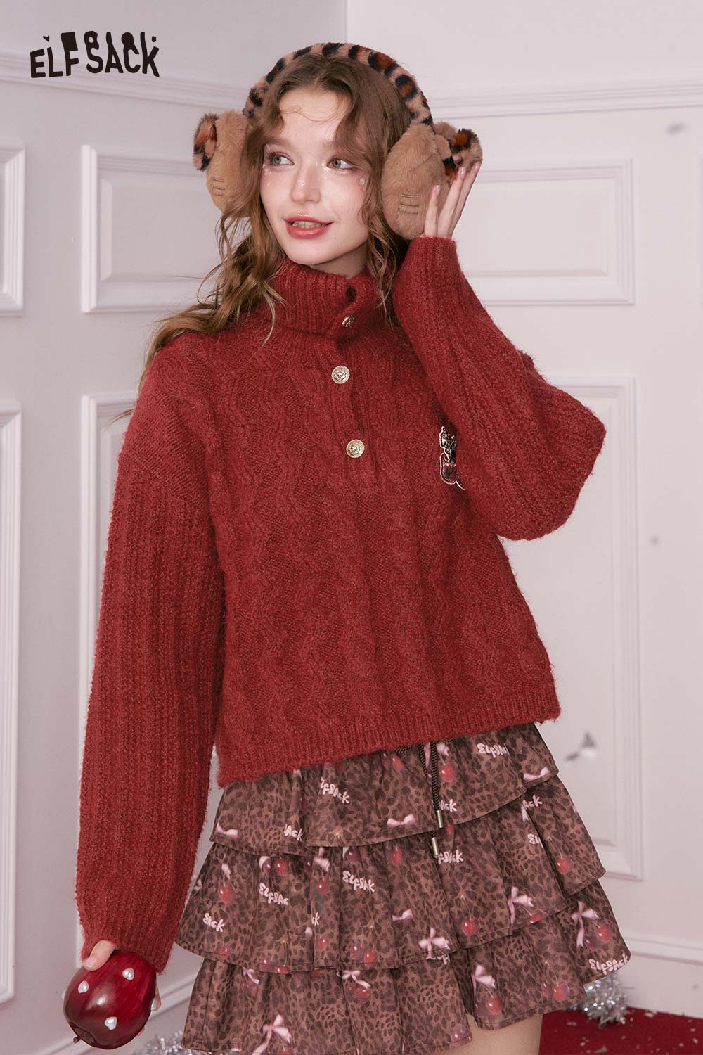 ELFSACK embroidered cropped sweater for women in red with button details and wide sleeves