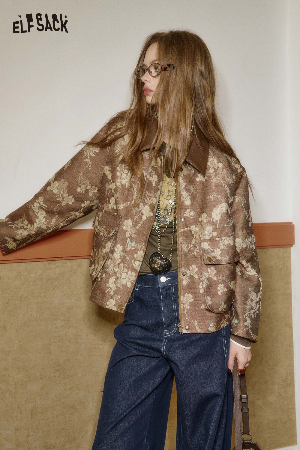 ELFSACK embroidered fitted long sleeve tee styled under a floral jacket for a trendy layered look