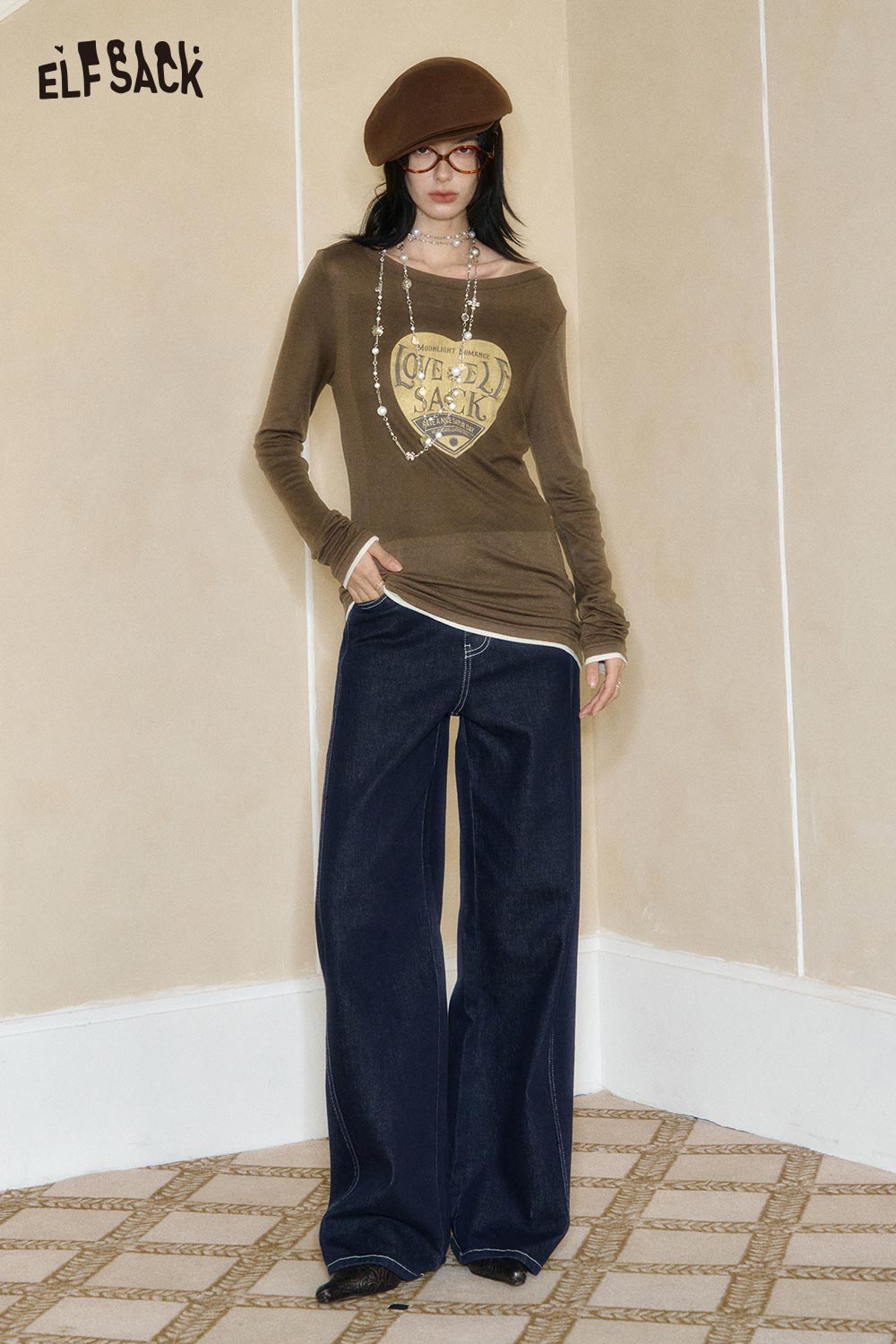 ELFSACK embroidered fitted long sleeve tee in brown with heart graphic design for a stylish casual look