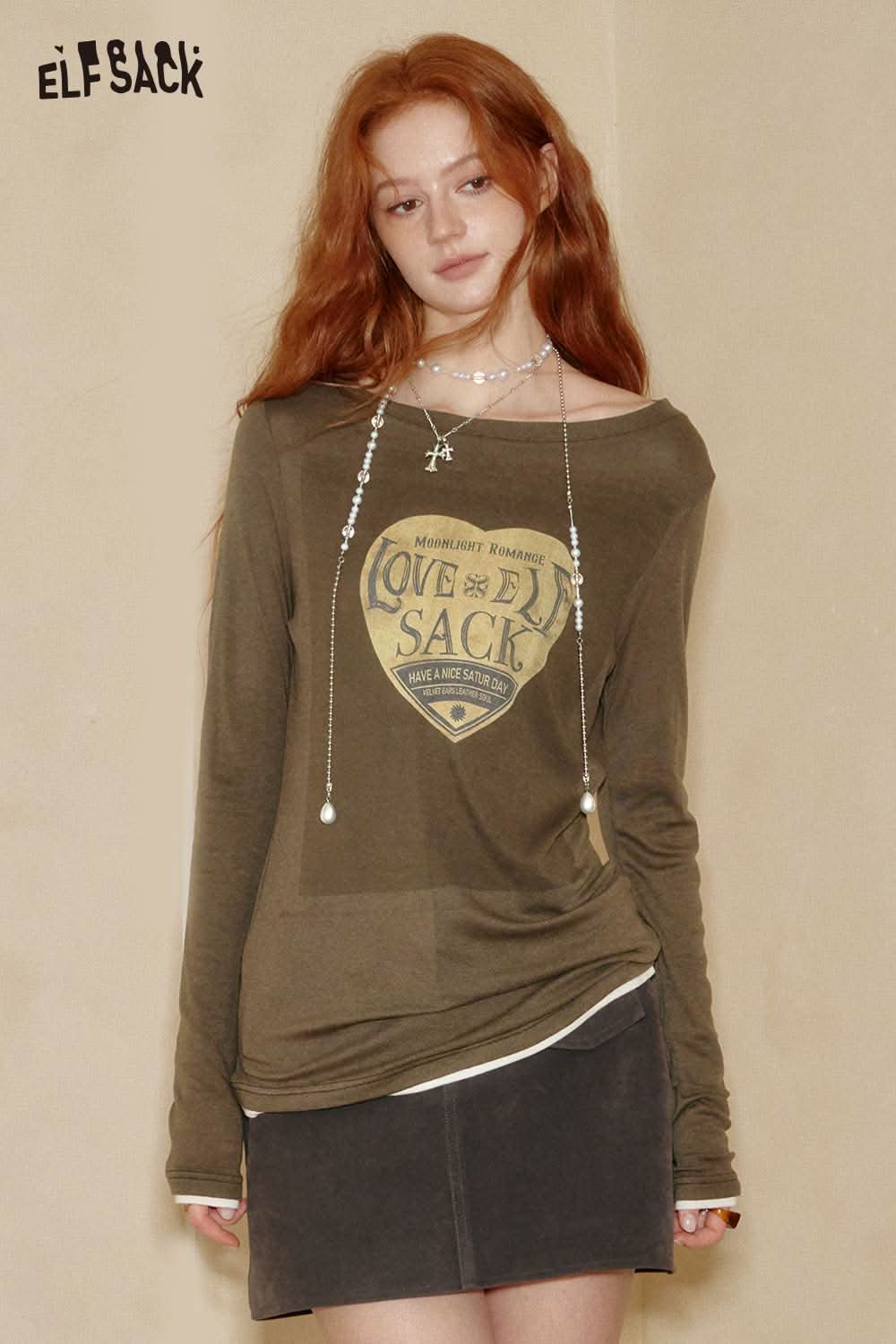 ELFSACK embroidered fitted long sleeve tee in olive green with heart graphic design, perfect for casual wear