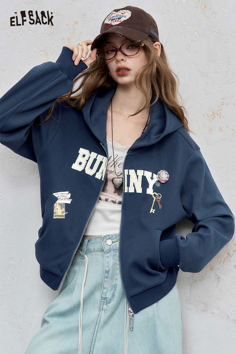 ELFSACK embroidered hooded sweatshirt for women with a stylish design and unique patches