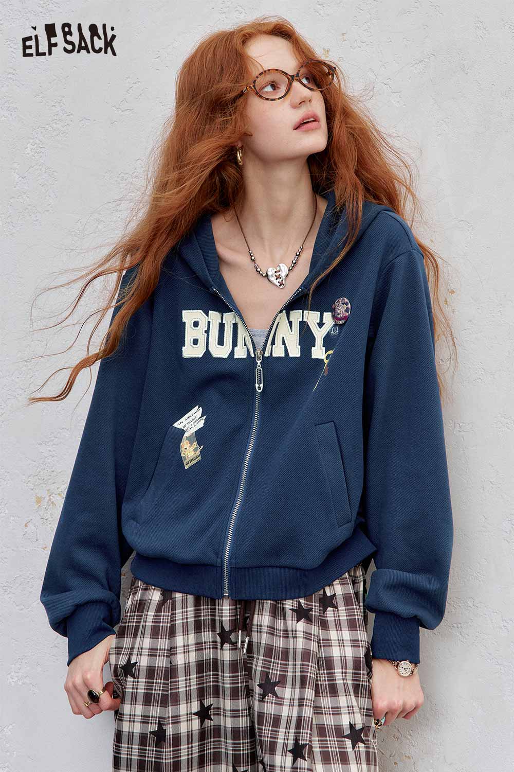 ELFSACK embroidered hooded sweatshirt for women in navy blue with cute bunny design and casual fit