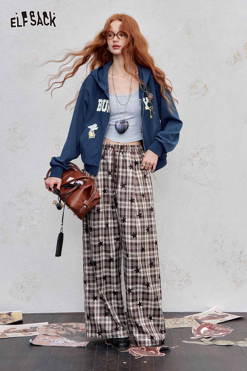 ELFSACK embroidered hooded sweatshirt for women paired with plaid wide-leg pants for a trendy look