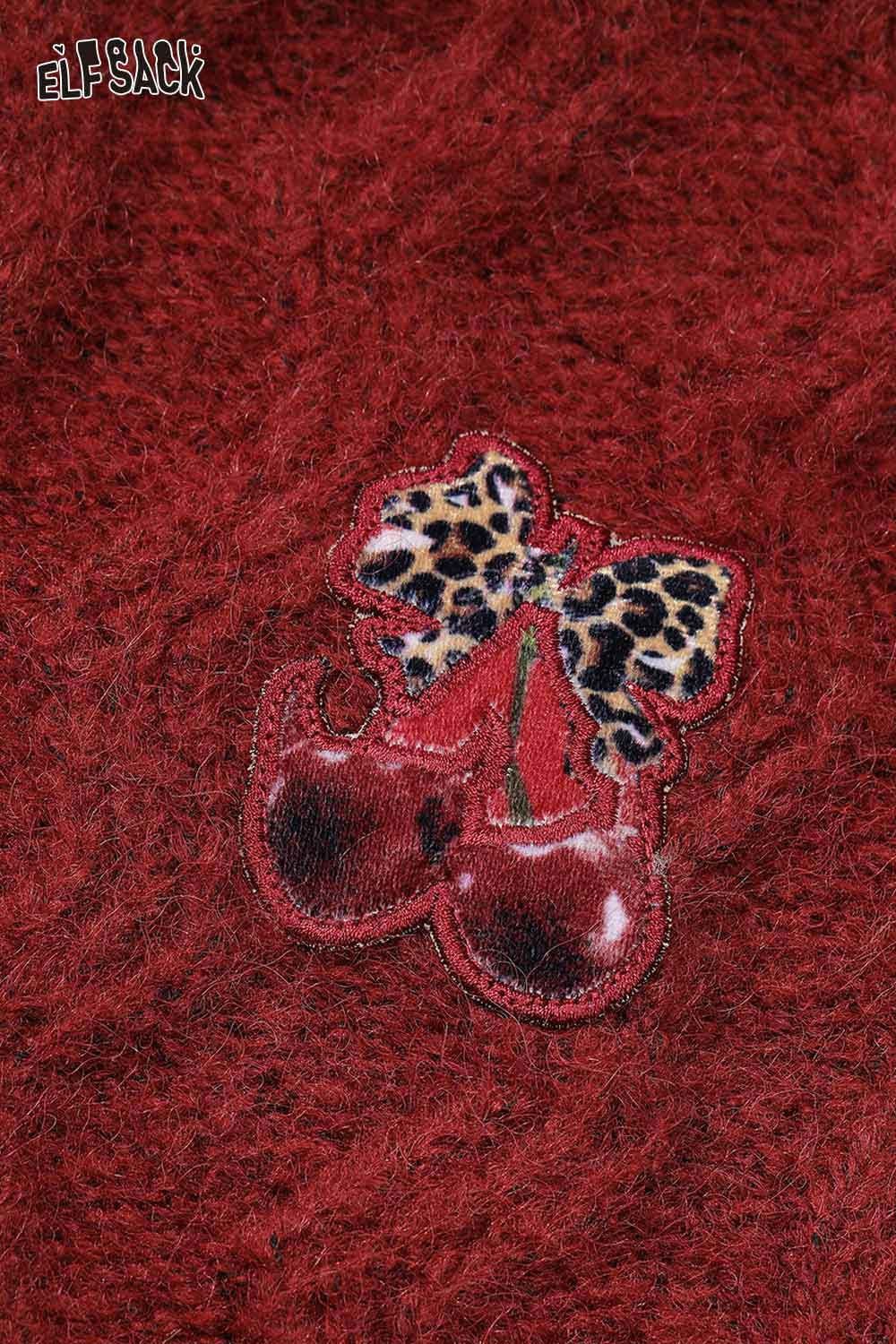 ELFSACK embroidered knit maxi dress featuring a playful cherry and leopard print design