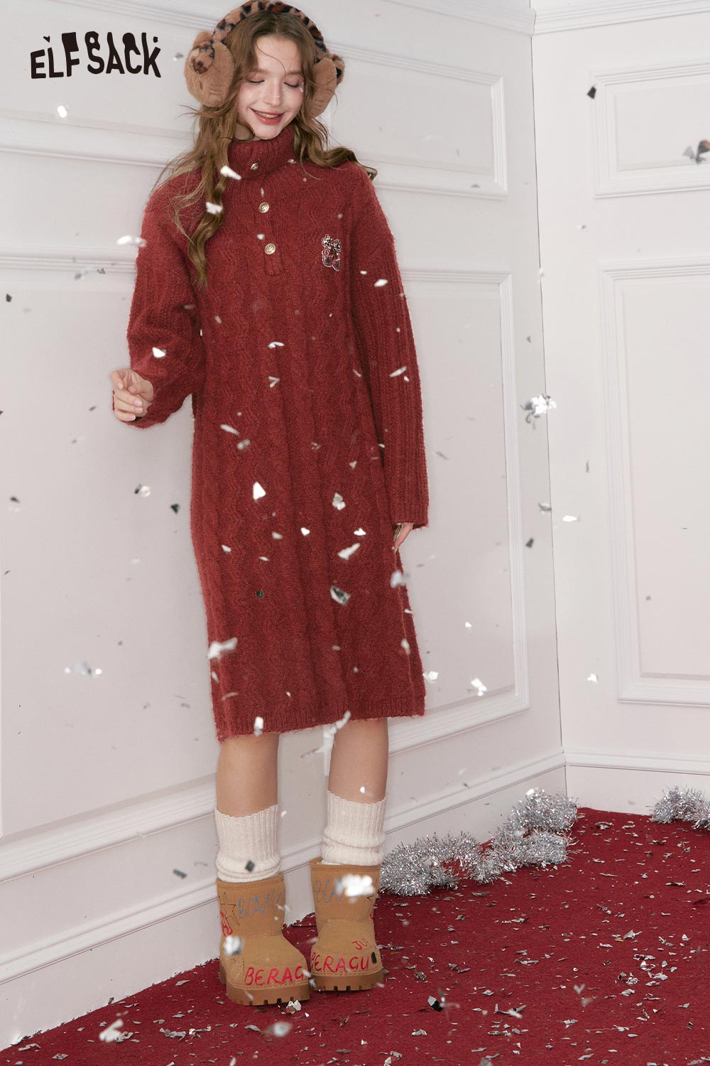 ELFSACK embroidered knit maxi dress in a rich maroon color, perfect for cozy winter occasions