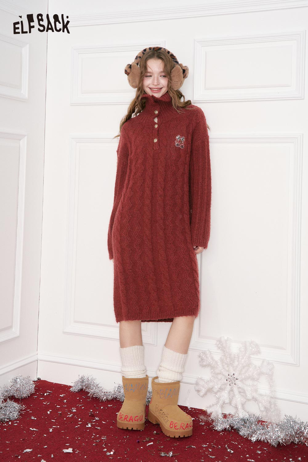 ELFSACK embroidered knit maxi dress in burgundy with a cozy design and button details for winter style