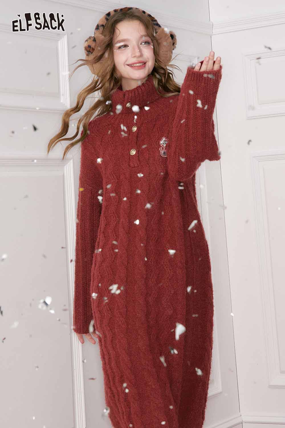 ELFSACK embroidered knit maxi dress in burgundy with a cozy oversized fit and elegant detailing