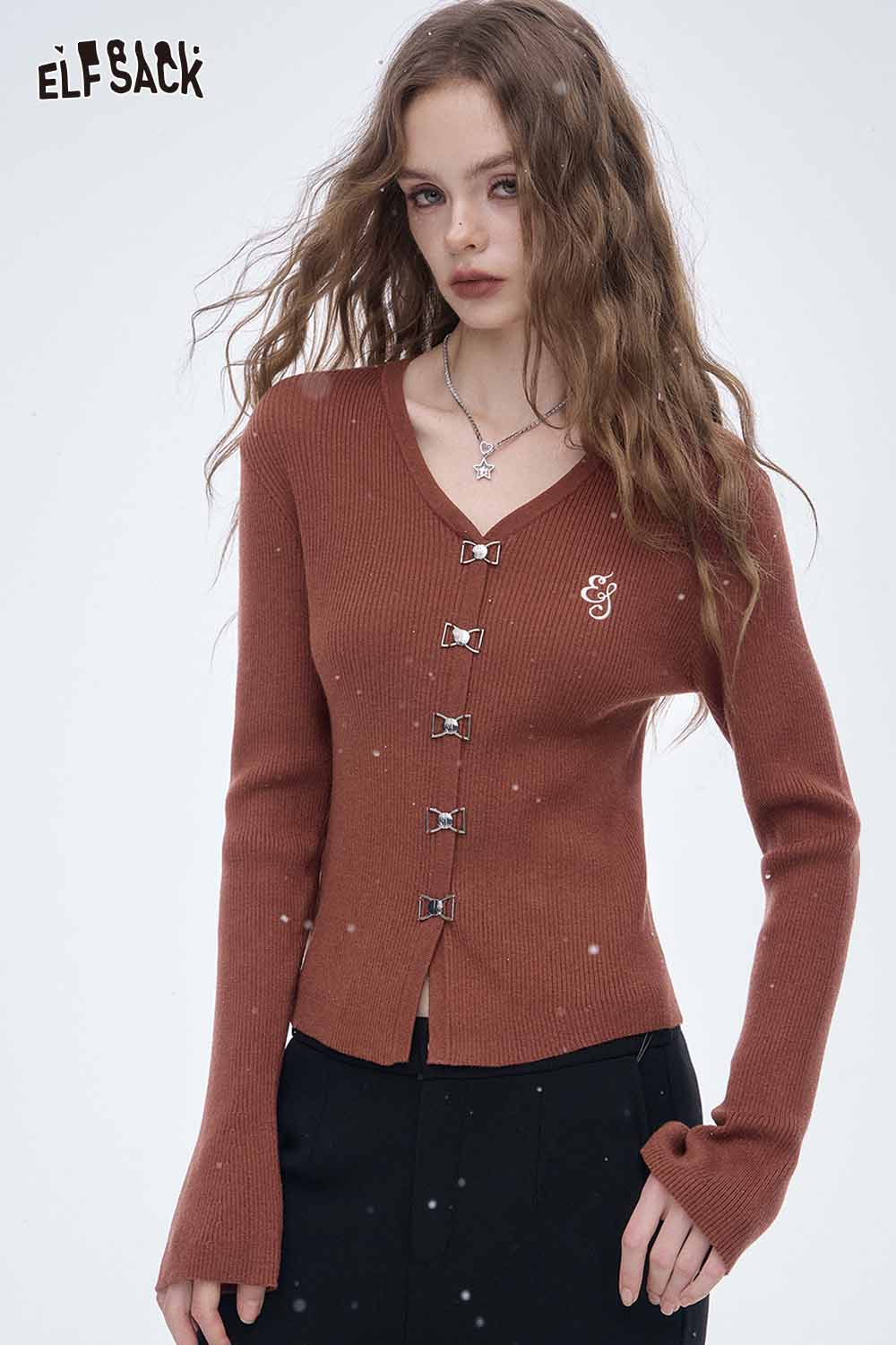 ELFSACK embroidered knit V neck sweater in brown with decorative button detailing and a fitted silhouette