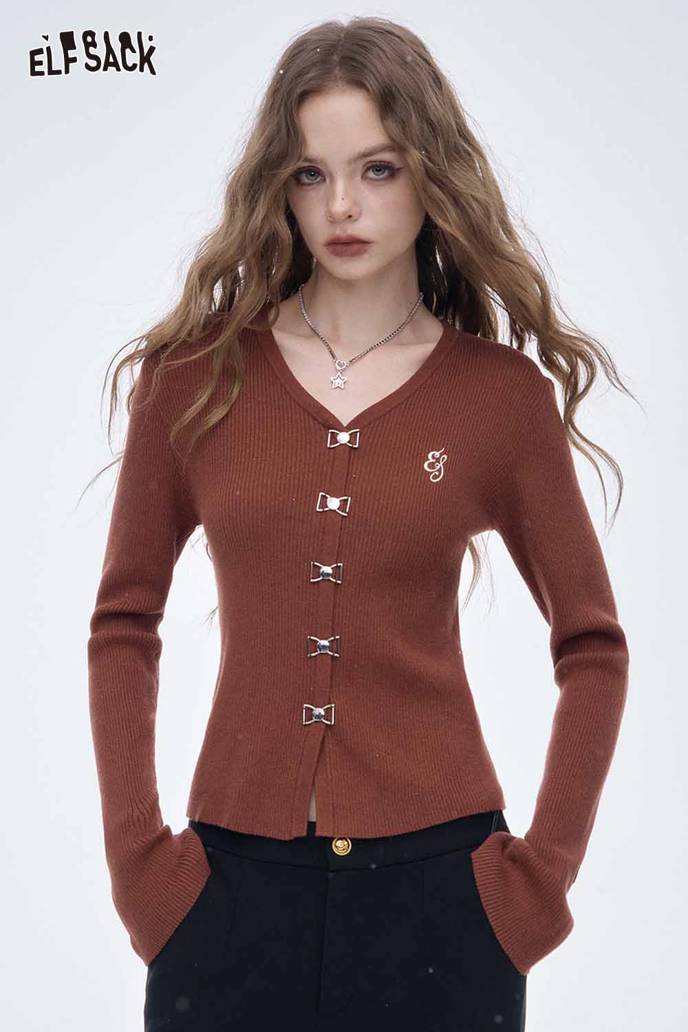 ELFSACK embroidered knit V neck sweater in warm brown with decorative buttons and slim fit design