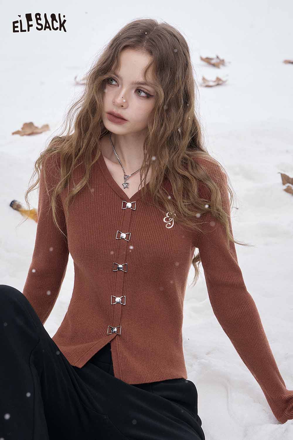 ELFSACK embroidered knit V neck sweater in brown featuring unique button detailing and a stylish fit
