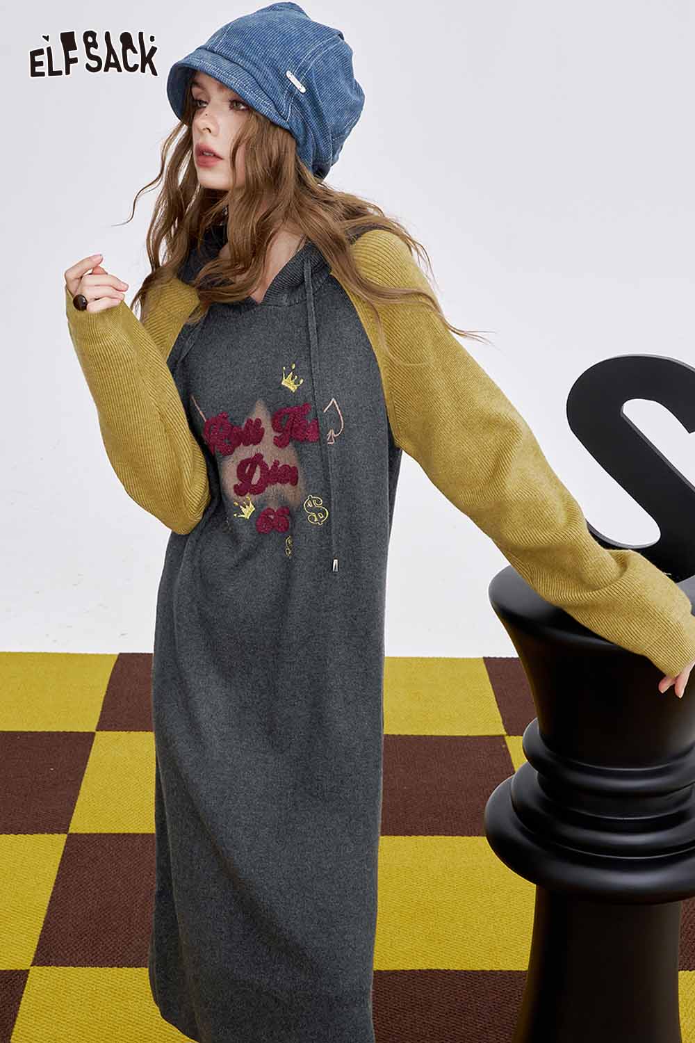 ELFSACK embroidered long dress for women with a hood and stylish color blocked sleeves