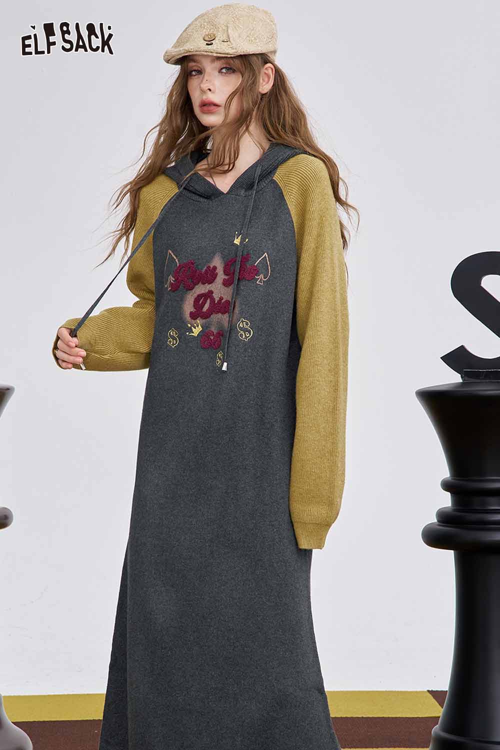 ELFSACK embroidered long dress for women in gray with colorful accents and a comfortable fit
