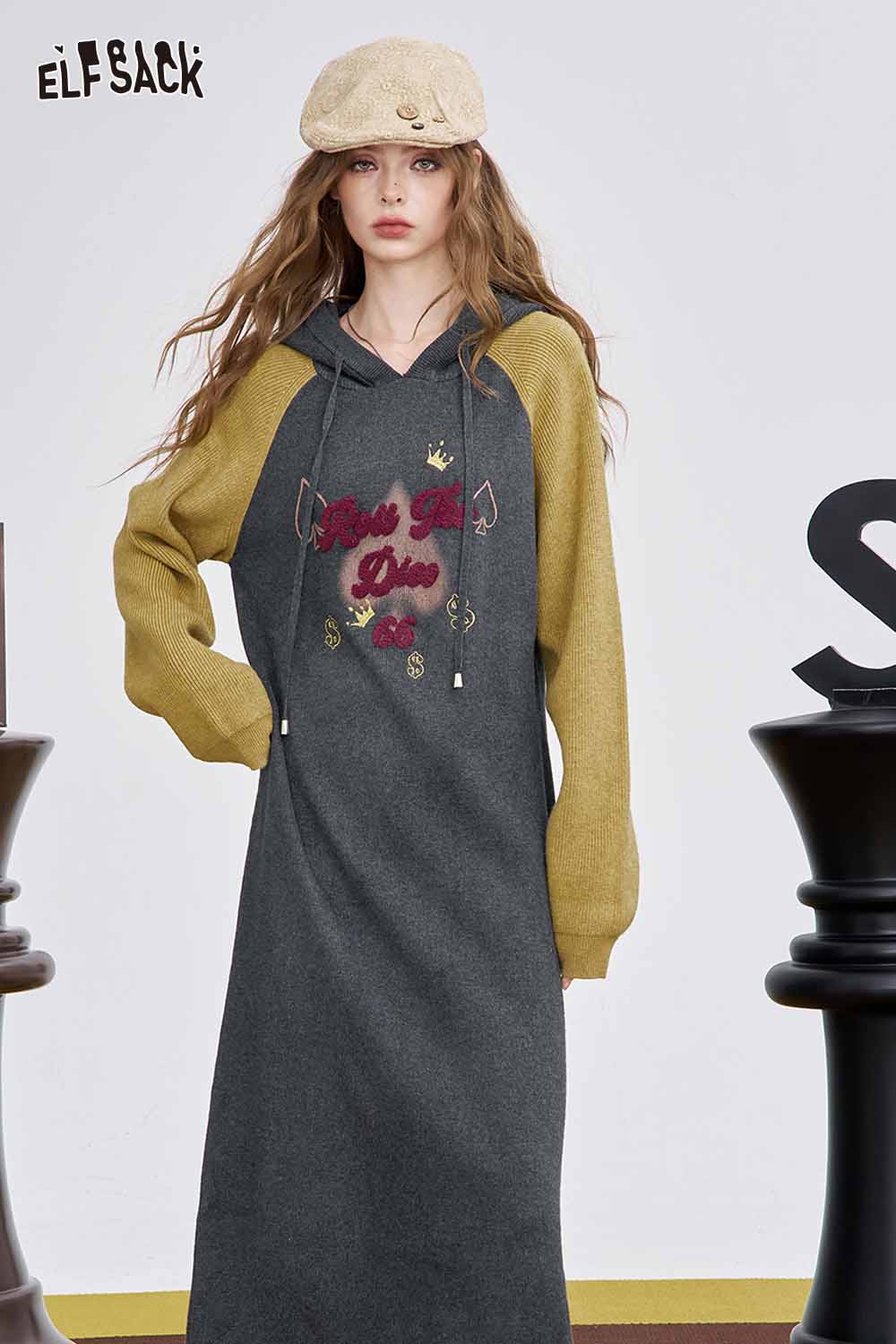 ELFSACK embroidered long dress for women in gray with colorful accents and a hood