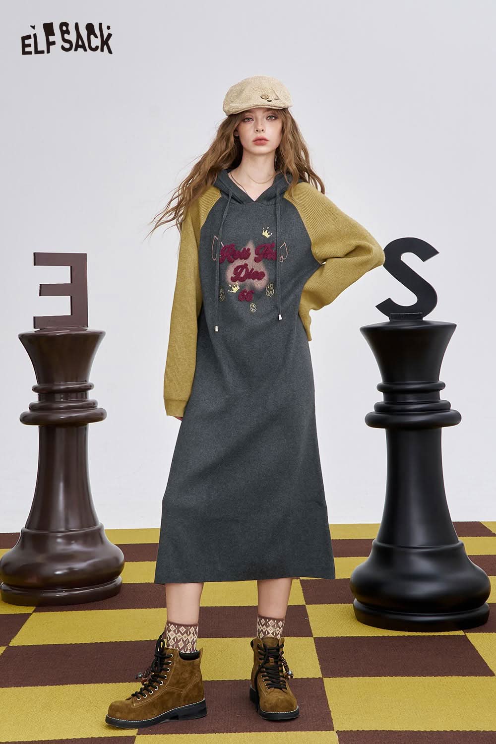 ELFSACK embroidered long dress for women with a casual hooded design and contrasting sleeves