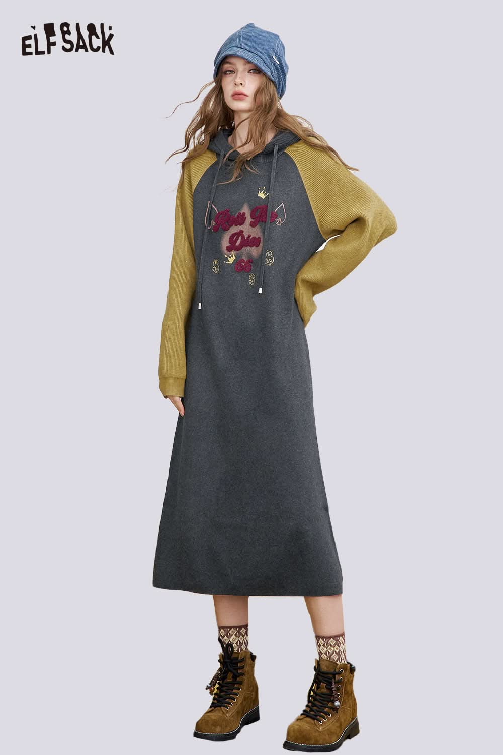 ELFSACK embroidered long dress for women in gray and green with a casual hooded design