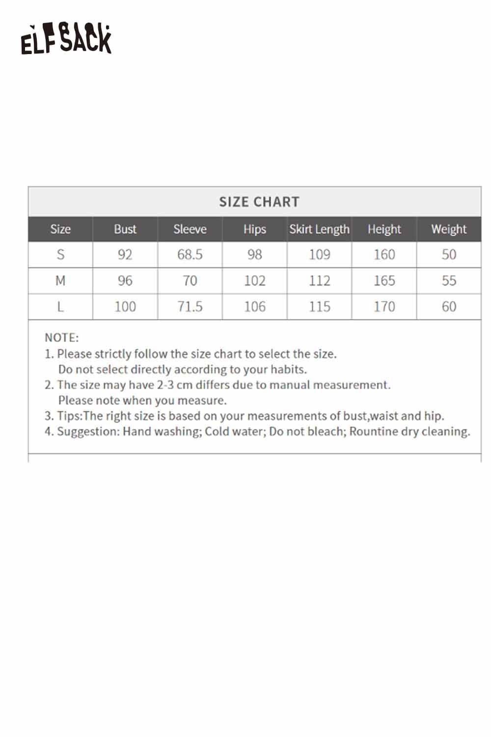 ELFSACK size chart for an embroidered long dress for women with bust, sleeve, and skirt length measurements