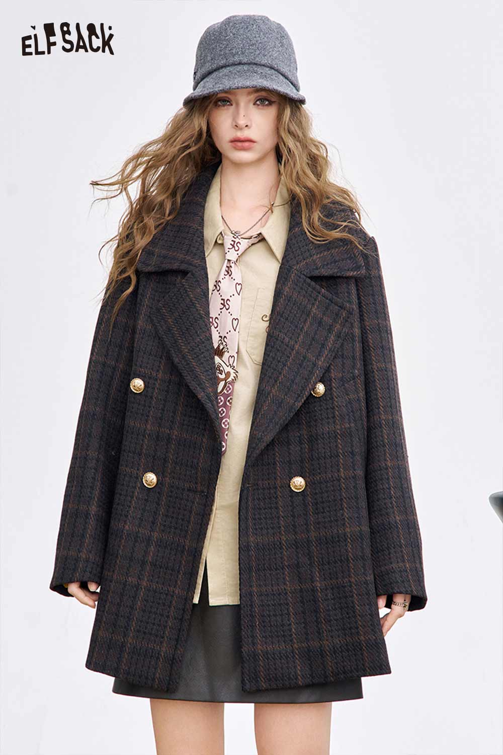 ELFSACK embroidered solid color shirt for women styled under a chic oversized coat