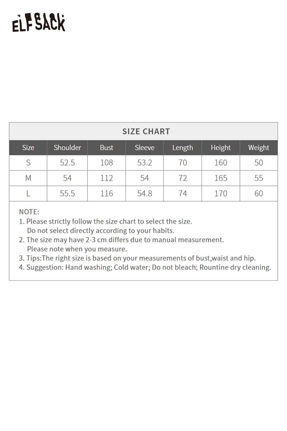 ELFSACK embroidered solid color shirt for women with size chart detailing measurements and care instructions