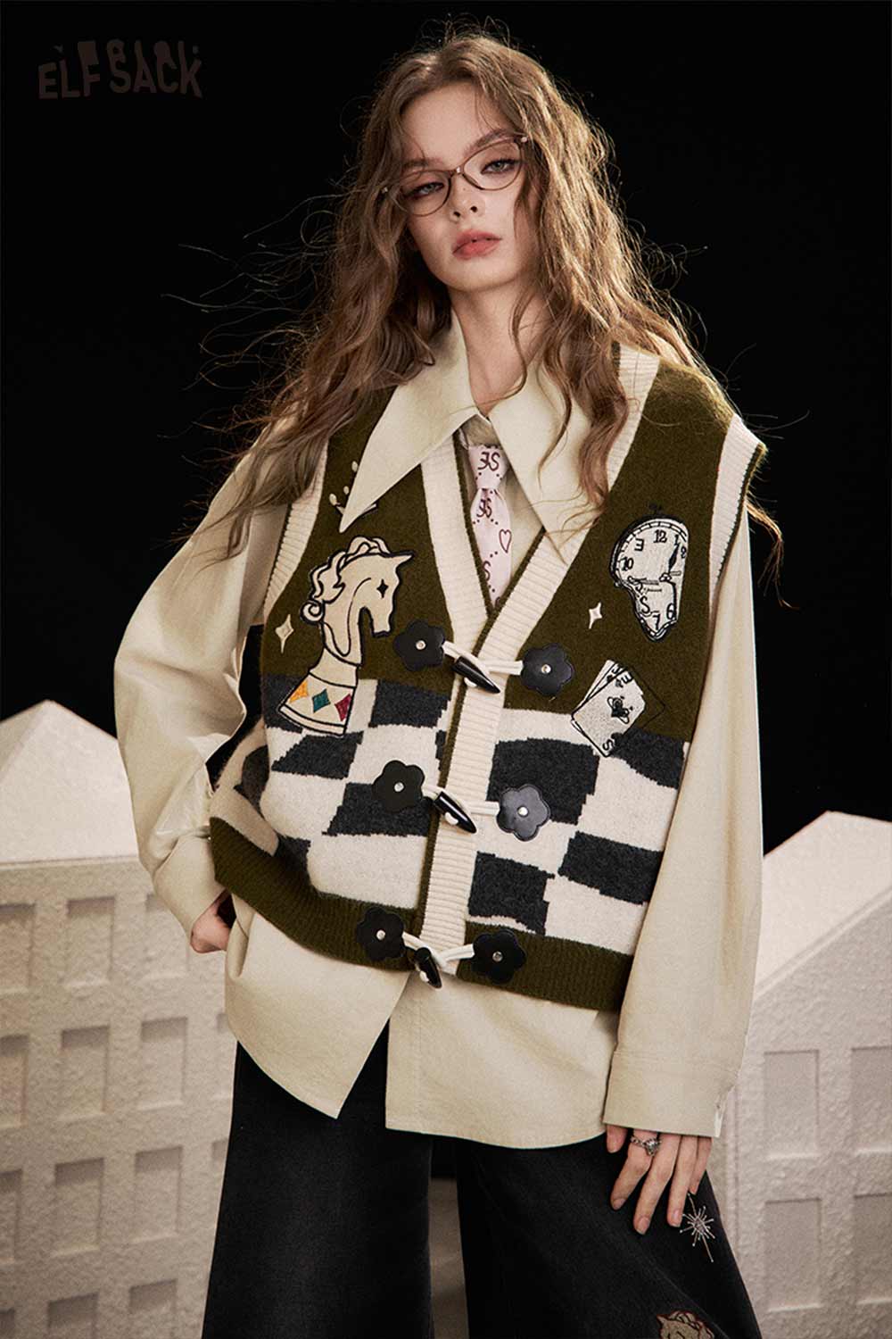 ELFSACK embroidered solid color shirt for women styled with a unique vest and playful accessories