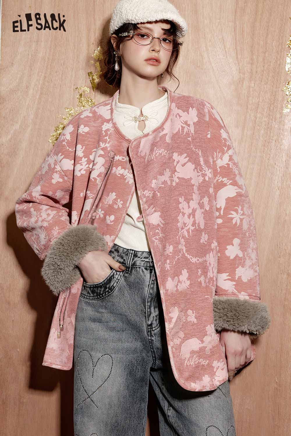 ELFSACK ethnic print plush trim coat in pink with floral designs and soft cuffs for stylish warmth