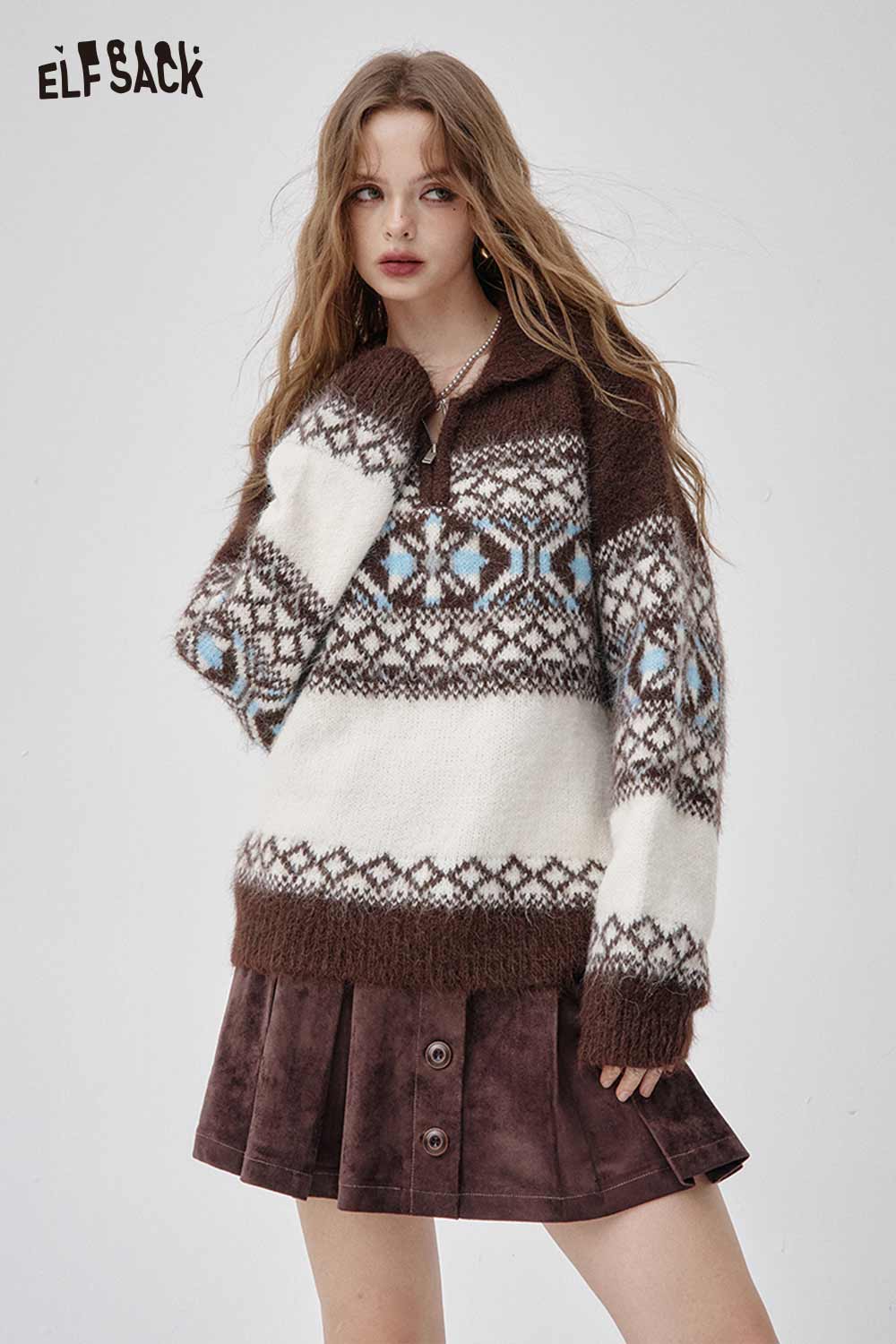 ELFSACK Fair Isle half zip sweater women in brown and cream with blue accents and a cozy design