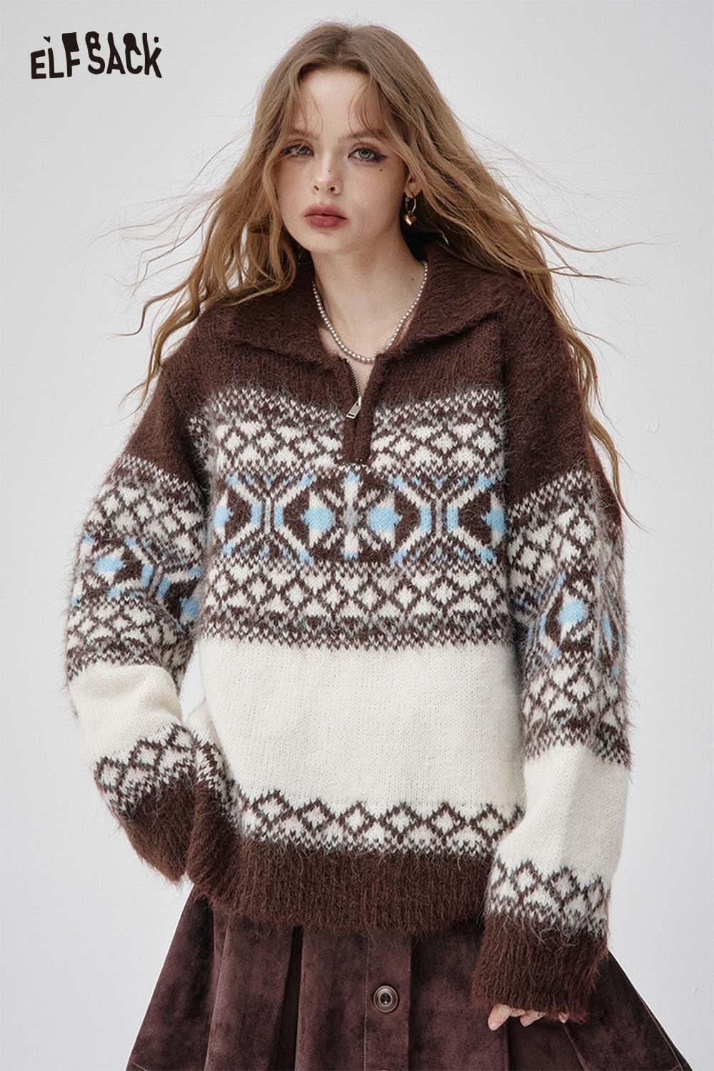 ELFSACK Fair Isle half zip sweater women in brown and cream with blue accents and a cozy design