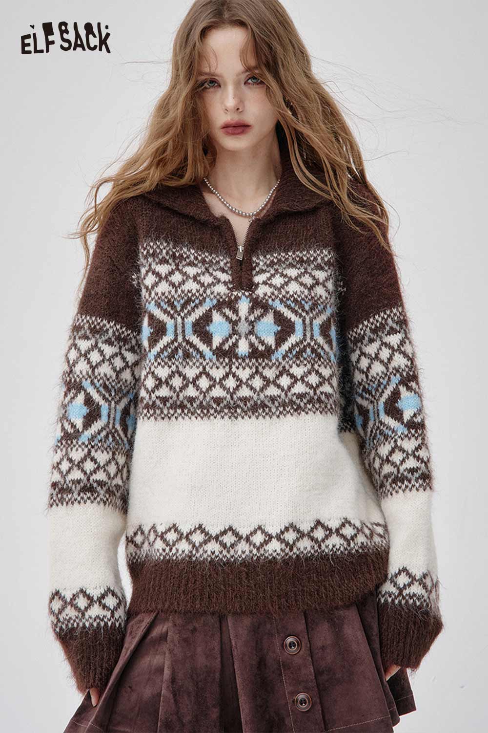 ELFSACK Fair Isle half zip sweater women in brown and cream with blue pattern for a stylish winter look