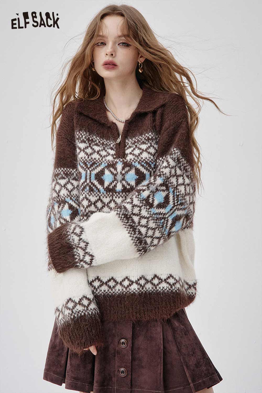 ELFSACK Fair Isle half zip sweater women with cozy knit pattern and relaxed fit