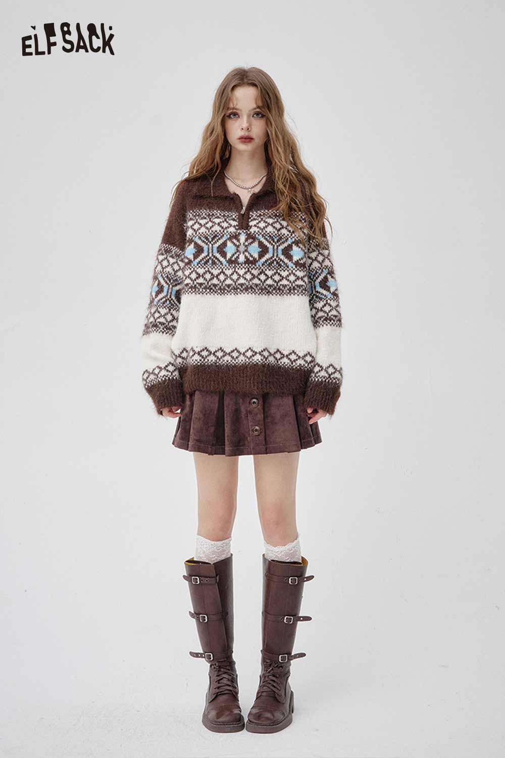 ELFSACK Fair Isle half zip sweater women in brown with patterned design, paired with a skirt and boots
