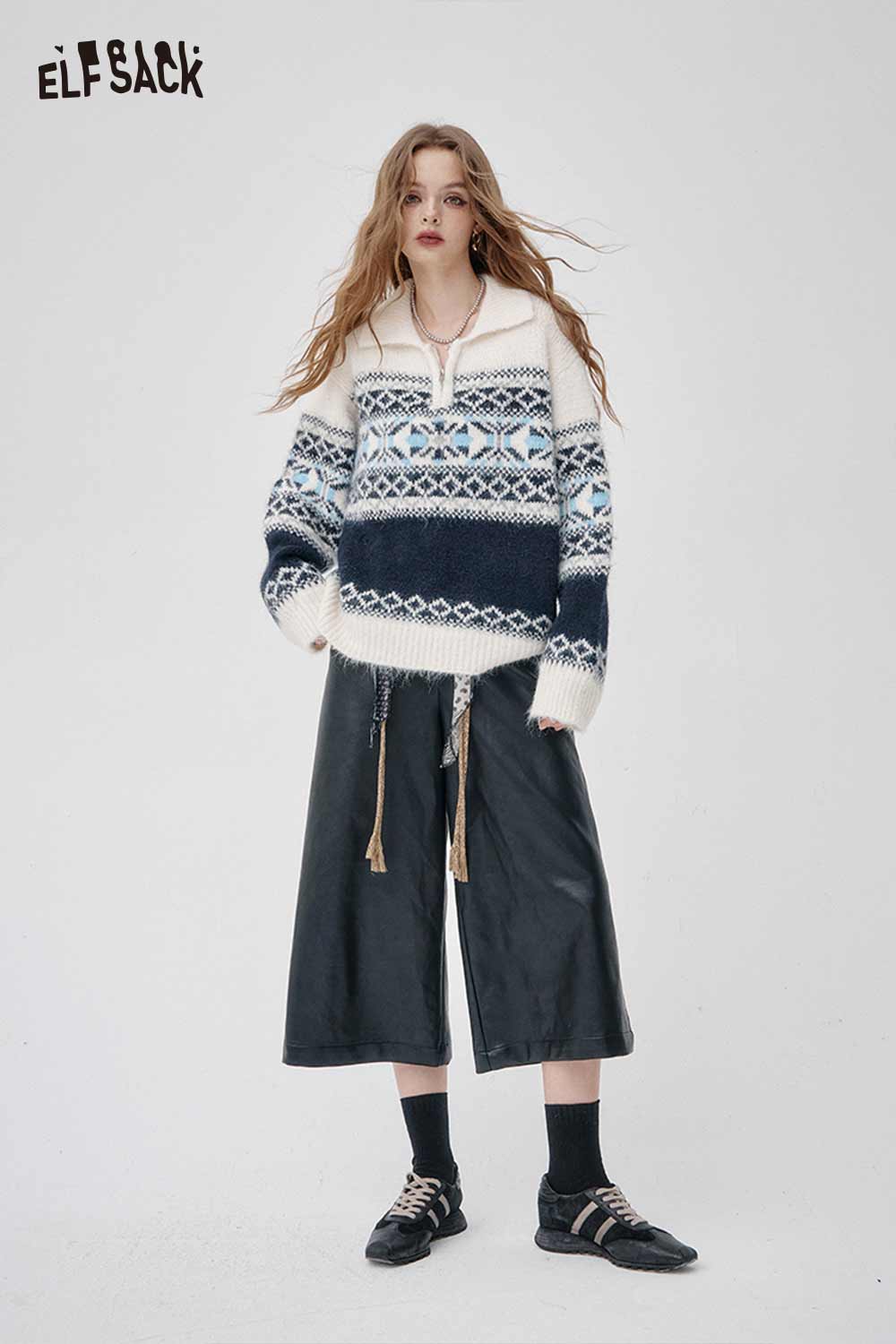 ELFSACK Fair Isle half zip sweater women featuring a cozy design with trendy patterns and a relaxed fit