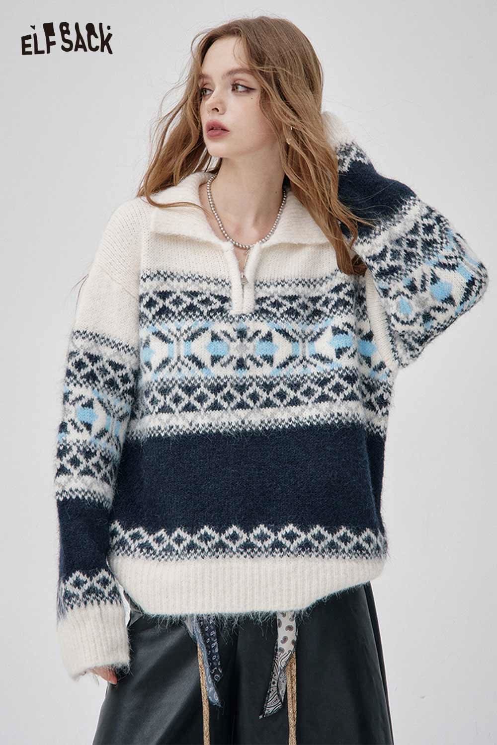 ELFSACK Fair Isle half zip sweater women in cream and navy with a cozy design and stylish pattern