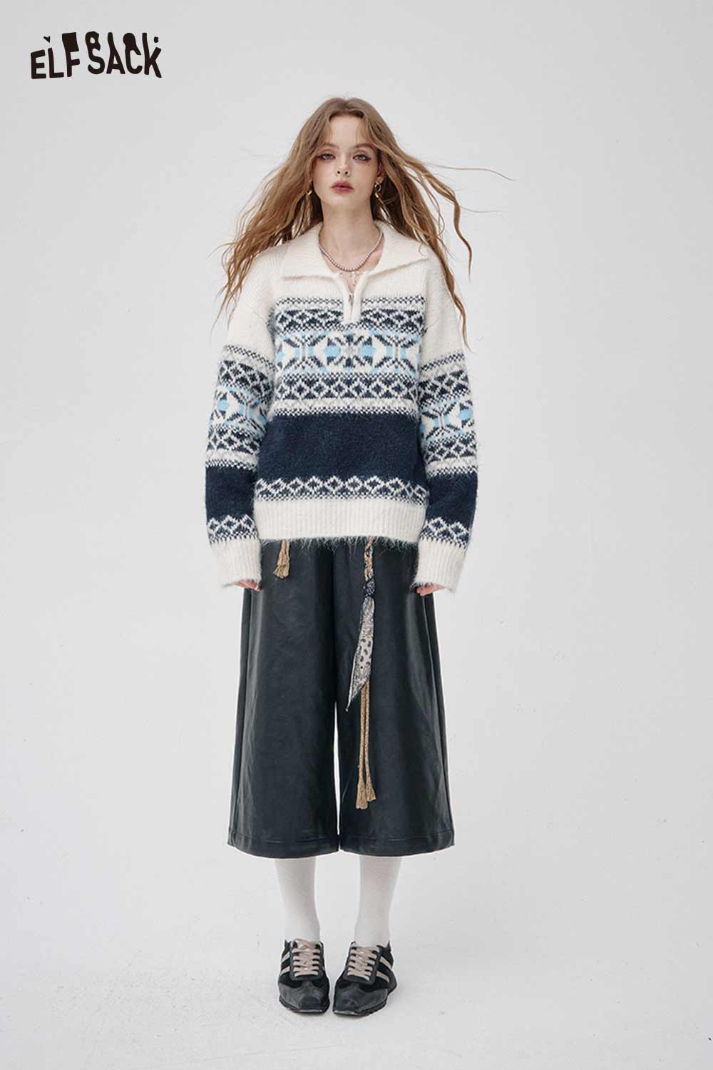 ELFSACK Fair Isle half zip sweater women in navy and white featuring cozy knit design and tassel details