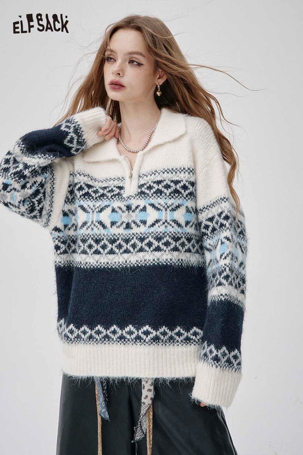 ELFSACK Fair Isle half zip sweater women in cream and navy with cozy knit design