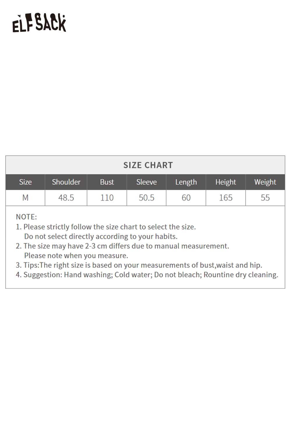 ELFSACK Fair Isle half zip sweater women with size chart and care instructions for optimal fit