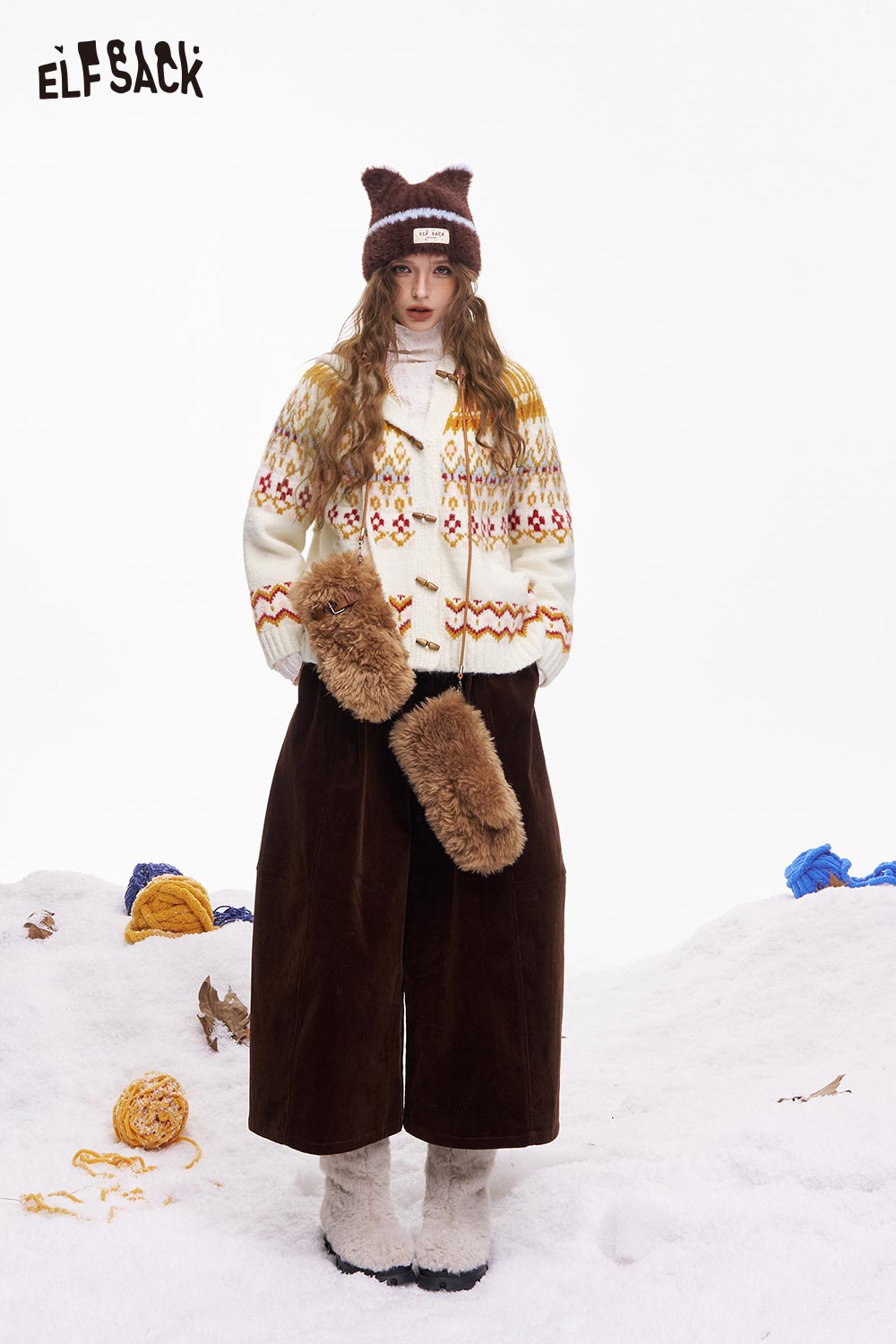 ELFSACK Fair Isle hooded cardigan for women featuring colorful patterns, paired with brown wide-leg pants