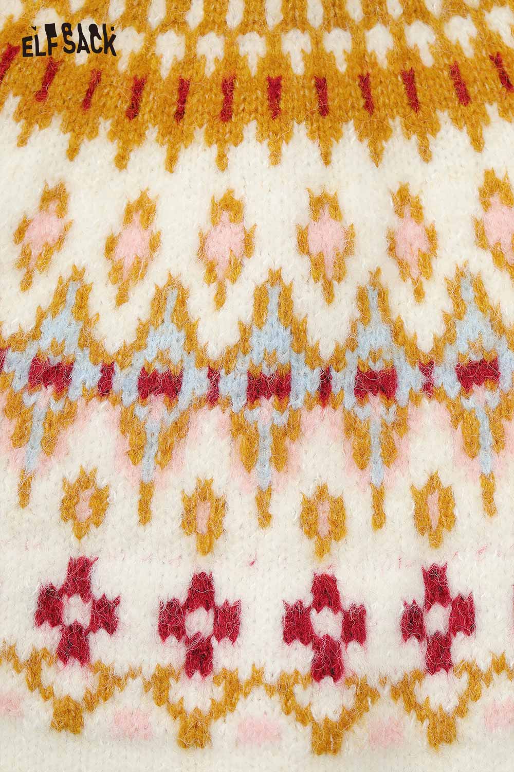 Close-up of ELFSACK Fair Isle hooded cardigan for women featuring colorful knit pattern and soft texture
