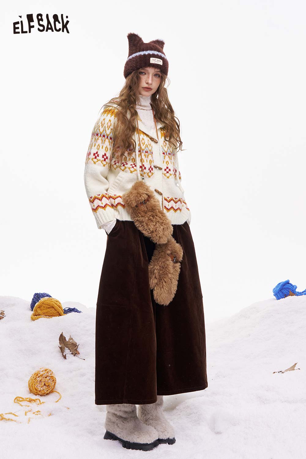 ELFSACK Fair Isle hooded cardigan for women with colorful patterns and cozy design, perfect for winter layering