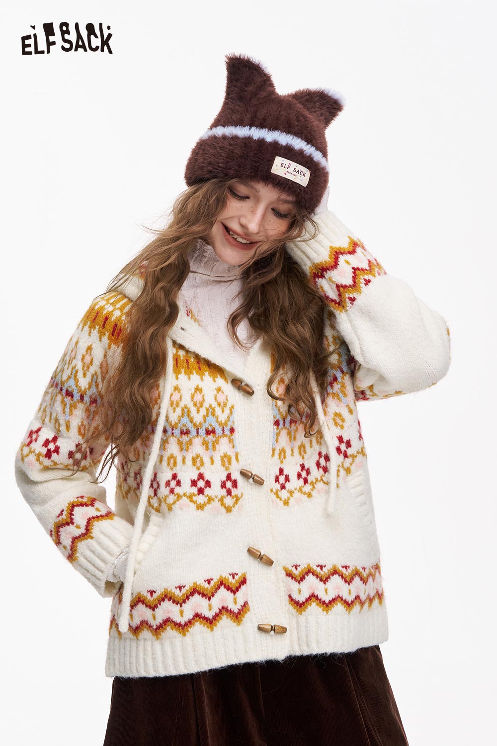 Fair Isle hooded cardigan for women by ELFSACK with colorful patterns and button details