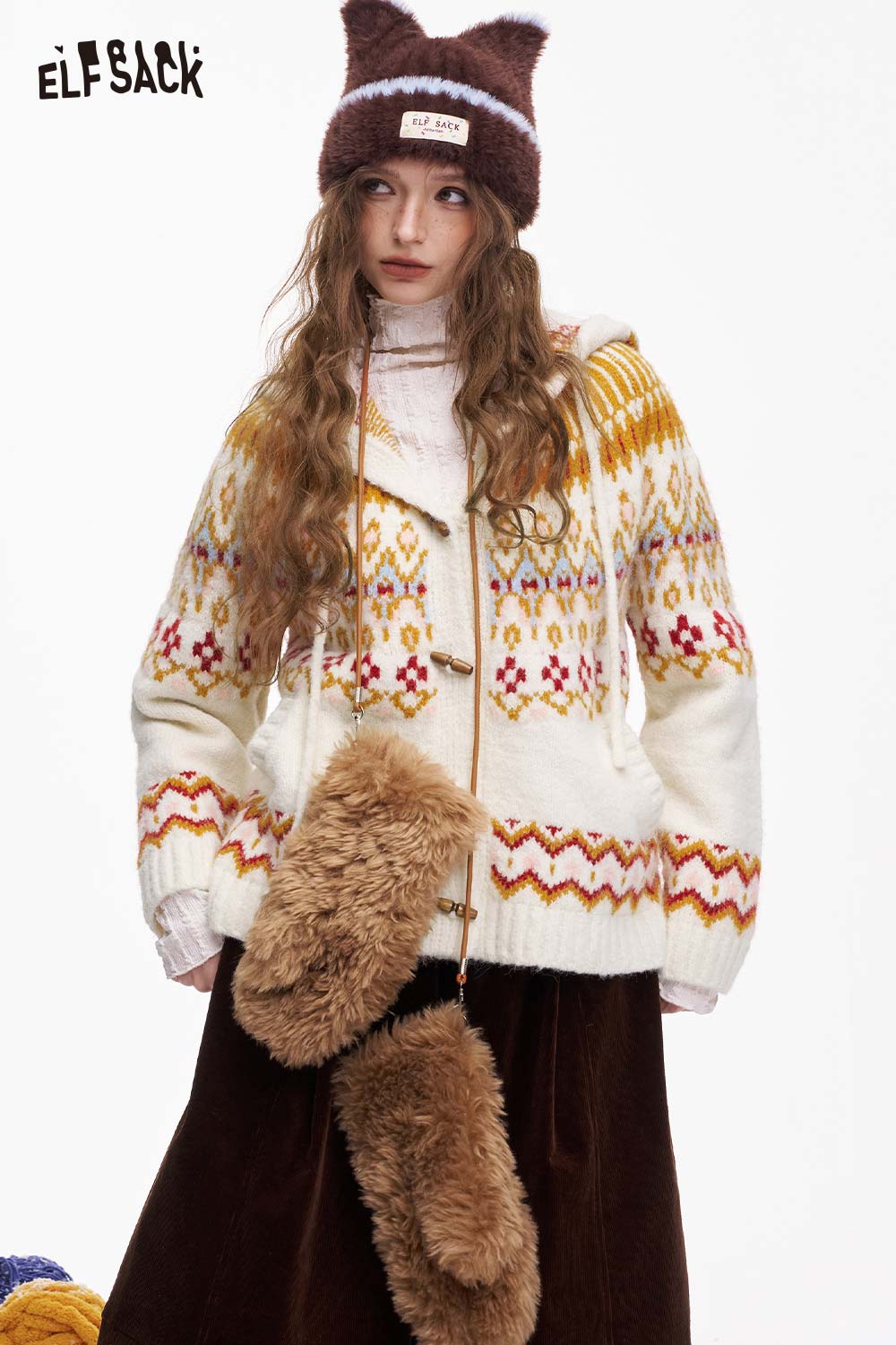 ELFSACK Fair Isle hooded cardigan for women featuring intricate patterns and cozy design