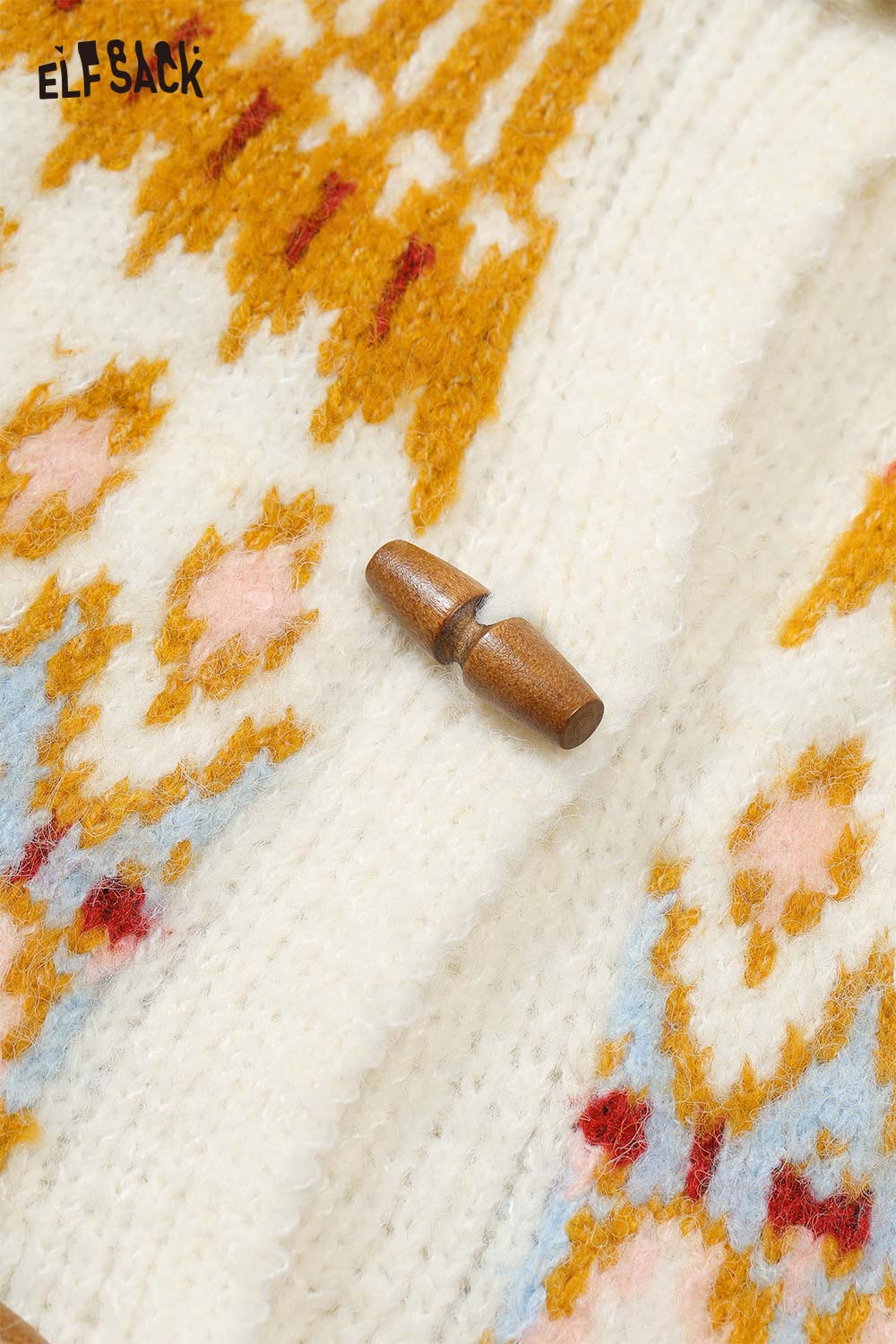 Close-up of ELFSACK Fair Isle hooded cardigan for women showcasing intricate knit patterns