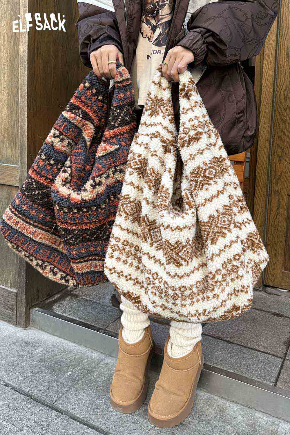 Two Fair Isle tote bags in earthy colors held by a person in cozy apparel for stylish everyday use