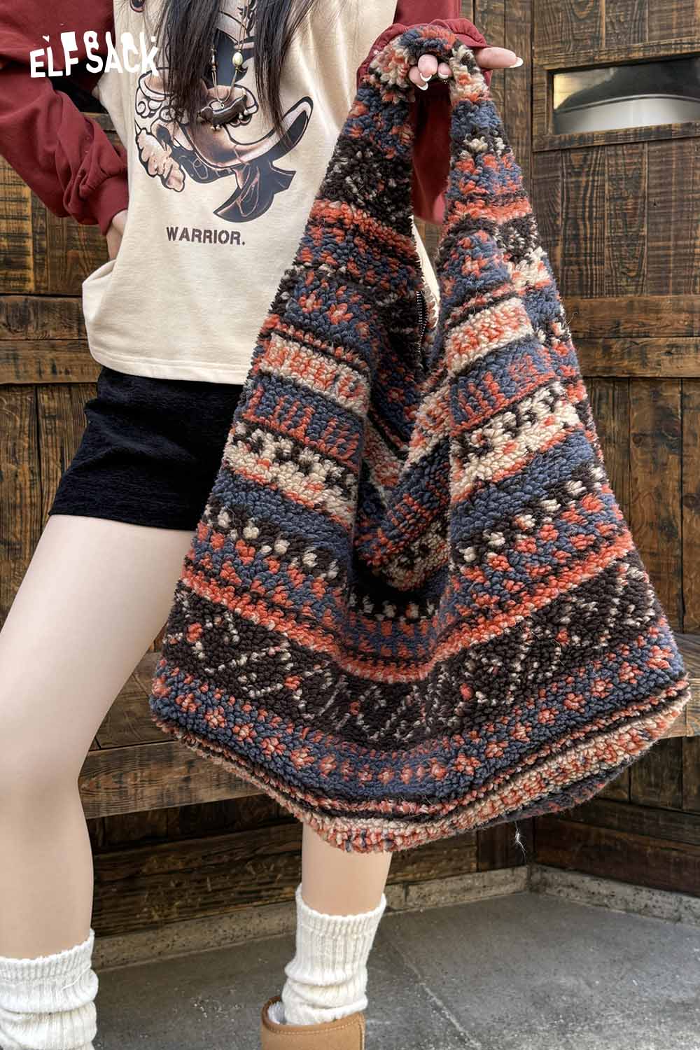 ELFSACK Fair Isle tote bag with intricate patterns and warm colors for stylish everyday use