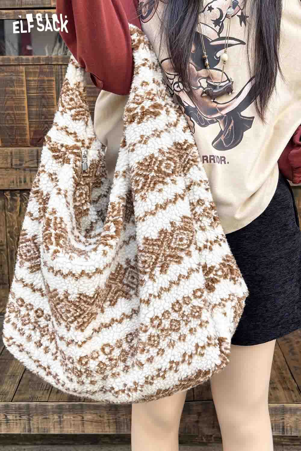 ELFSACK Fair Isle tote bag featuring a cozy knit design in brown and cream tones