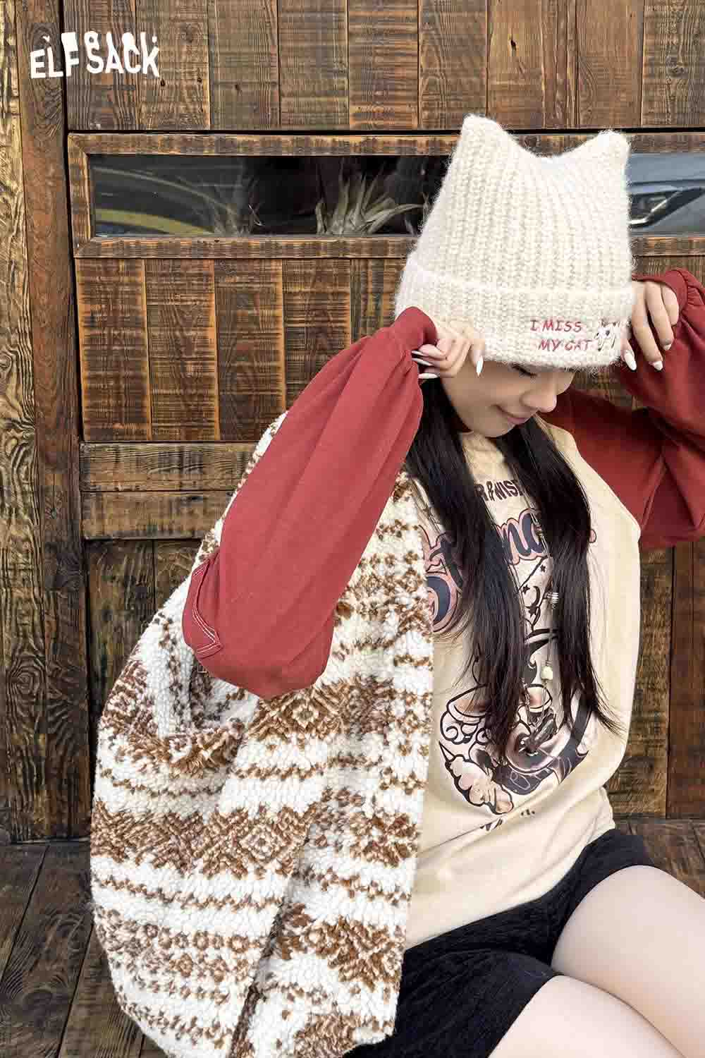 ELFSACK Fair Isle tote bag styled with a cozy outfit featuring a warm sweater and hat
