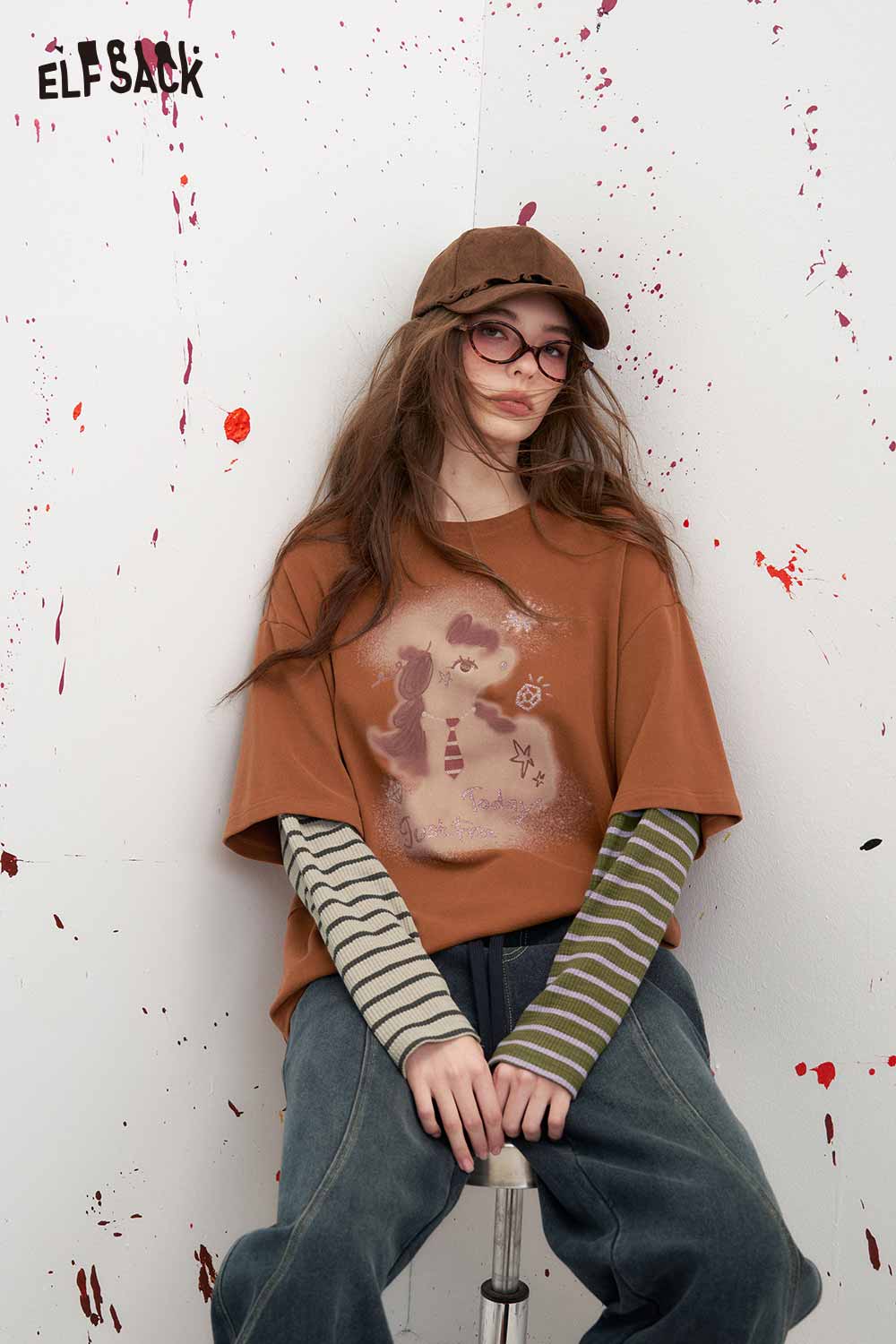 フェイクレイヤード グラフィック 長袖Tシャツ