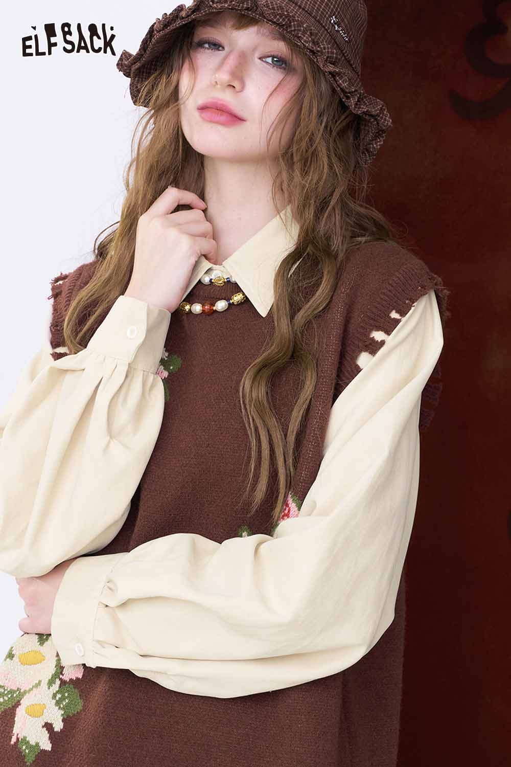 ELFSACK fake two piece long dress featuring a layered look with floral details and a stylish collar